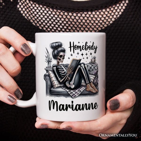 Homebody Reading Skeleton Personalized Mug, Funny Lazy Selfcare Gift with Custom Name Homebody Reading Skeleton Personalized Mug, Funny Lazy Selfcare Gift with Custom Name