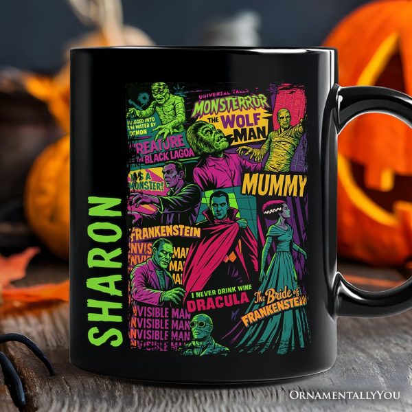Horror Comic Classic Monsters Personalized Mug, Vintage Scary Halloween Gift with Custom Name Horror Comic Classic Monsters Personalized Mug, Vintage Scary Halloween Gift with Custom Name