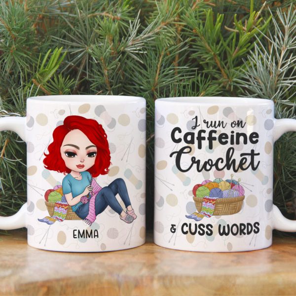 I Run On Caffeine Crochet And Cuss Words Personalized Crochet White Mug, Gift For Crochet Lovers I Run On Caffeine Crochet And Cuss Words Personalized Crochet White Mug, Gift For Crochet Lovers