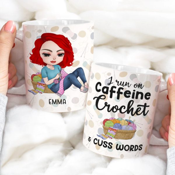 I Run On Caffeine Crochet And Cuss Words Personalized Crochet White Mug, Gift For Crochet Lovers I Run On Caffeine Crochet And Cuss Words Personalized Crochet White Mug, Gift For Crochet Lovers