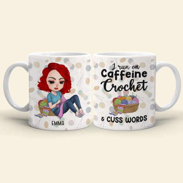 I Run On Caffeine Crochet And Cuss Words Personalized Crochet White Mug, Gift For Crochet Lovers I Run On Caffeine Crochet And Cuss Words Personalized Crochet White Mug, Gift For Crochet Lovers