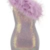 Iridescent Sequin One Shoulder Feather Trim Party Midi Dress - Lilac Iridescent Sequin One Shoulder Feather Trim Party Midi Dress - Lilac