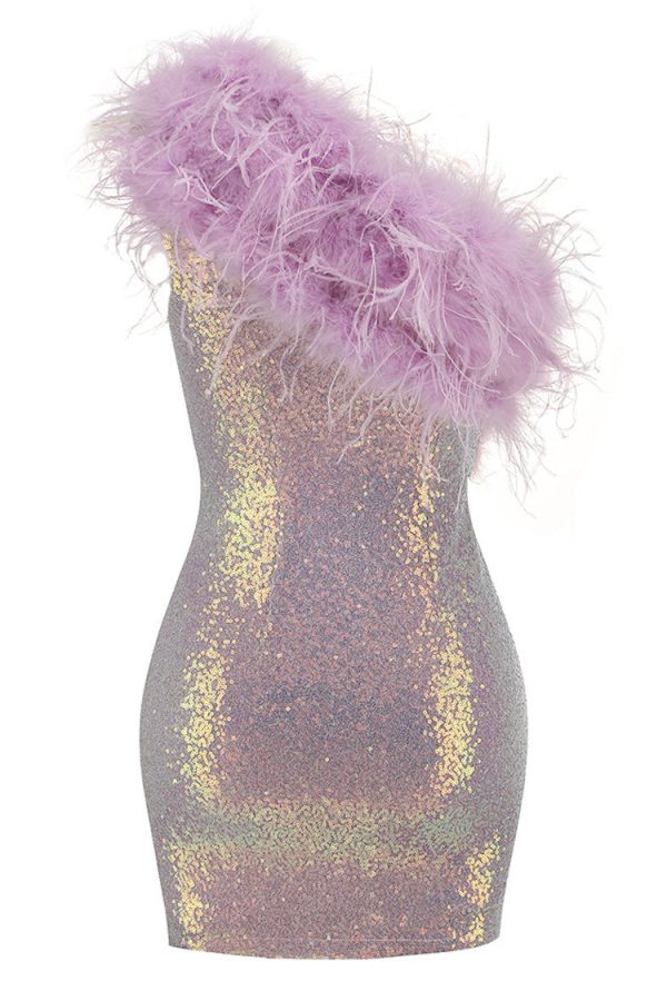 Iridescent Sequin One Shoulder Feather Trim Party Midi Dress - Lilac Iridescent Sequin One Shoulder Feather Trim Party Midi Dress - Lilac