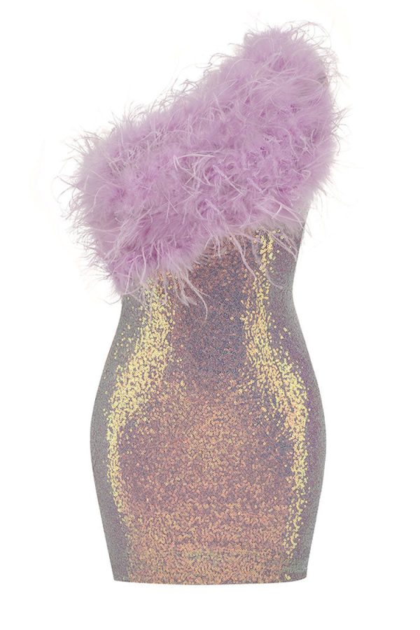 Iridescent Sequin One Shoulder Feather Trim Party Midi Dress - Lilac Iridescent Sequin One Shoulder Feather Trim Party Midi Dress - Lilac