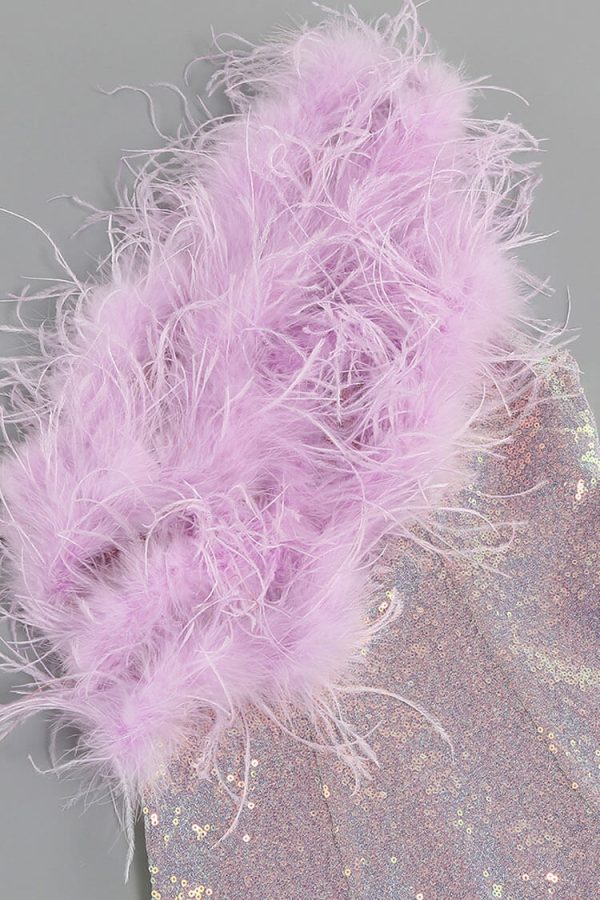 Iridescent Sequin One Shoulder Feather Trim Party Midi Dress - Lilac Iridescent Sequin One Shoulder Feather Trim Party Midi Dress - Lilac
