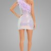 Iridescent Sequin One Shoulder Feather Trim Party Midi Dress - Lilac Iridescent Sequin One Shoulder Feather Trim Party Midi Dress - Lilac