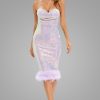 Iridescent Sequin Sweetheart Strapless Feather Cocktail Midi Dress - Lilac Iridescent Sequin Sweetheart Strapless Feather Cocktail Midi Dress - Lilac