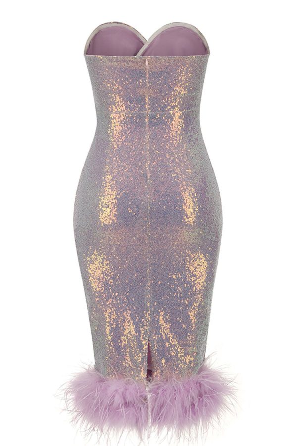 Iridescent Sequin Sweetheart Strapless Feather Cocktail Midi Dress - Lilac Iridescent Sequin Sweetheart Strapless Feather Cocktail Midi Dress - Lilac