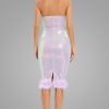 Iridescent Sequin Sweetheart Strapless Feather Cocktail Midi Dress - Lilac Iridescent Sequin Sweetheart Strapless Feather Cocktail Midi Dress - Lilac