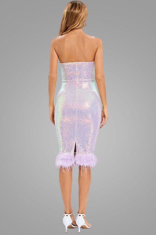 Iridescent Sequin Sweetheart Strapless Feather Cocktail Midi Dress - Lilac Iridescent Sequin Sweetheart Strapless Feather Cocktail Midi Dress - Lilac