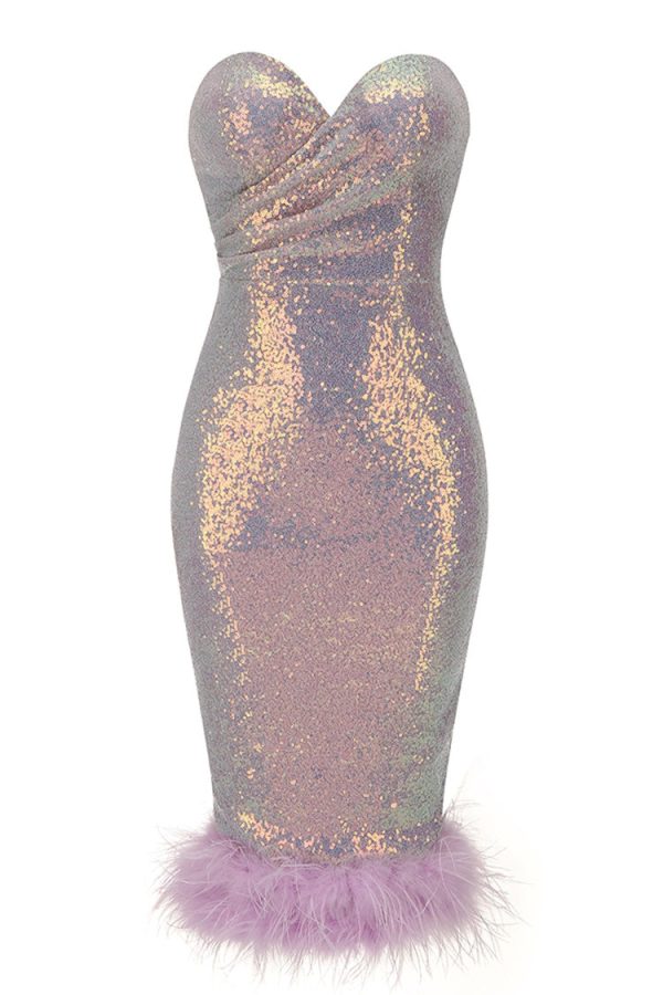 Iridescent Sequin Sweetheart Strapless Feather Cocktail Midi Dress - Lilac Iridescent Sequin Sweetheart Strapless Feather Cocktail Midi Dress - Lilac