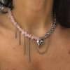 Irregular Pink Stone Beaded Heart Pendant Choker Necklace Irregular Pink Stone Beaded Heart Pendant Choker Necklace
