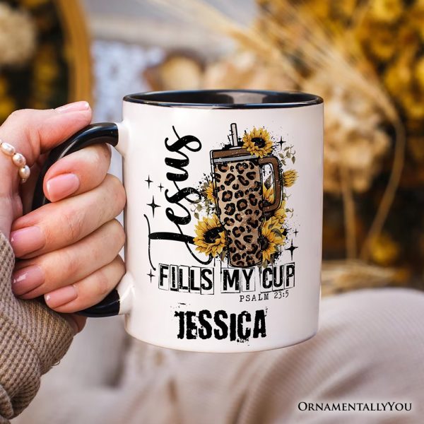 Jesus Fills My Cup Christian Personalized Mug, Leopard Print Coffee Gift with Custom Name Jesus Fills My Cup Christian Personalized Mug, Leopard Print Coffee Gift with Custom Name