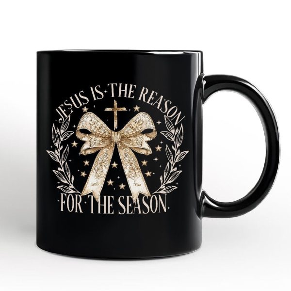 Jesus Is the Reason Christmas Personalized Mug, Coquette Gold Bow Cross Gift with Custom Name Jesus Is the Reason Christmas Personalized Mug, Coquette Gold Bow Cross Gift with Custom Name