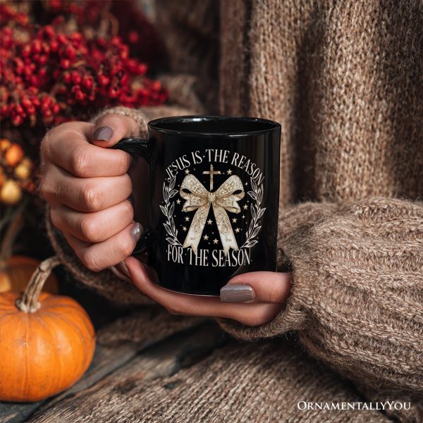 Jesus Is the Reason Christmas Personalized Mug, Coquette Gold Bow Cross Gift with Custom Name Jesus Is the Reason Christmas Personalized Mug, Coquette Gold Bow Cross Gift with Custom Name