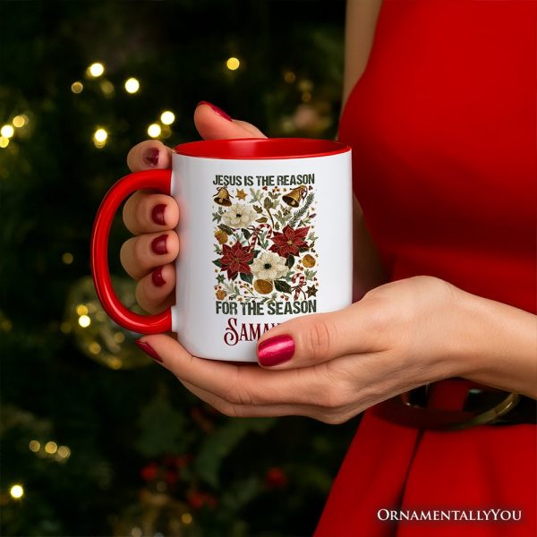 Jesus Is the Reason for the Season Floral Christmas Personalized Mug, Holiday Christian Gift with Custom Name Jesus Is the Reason for the Season Floral Christmas Personalized Mug, Holiday Christian Gift with Custom Name