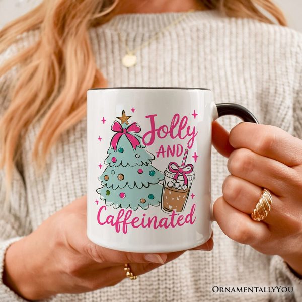 Jolly and Caffeinated Christmas Personalized Mug, Retro Coquette Coffee Holiday Gift with Custom Name Jolly and Caffeinated Christmas Personalized Mug, Retro Coquette Coffee Holiday Gift with Custom Name