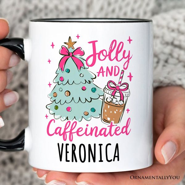 Jolly and Caffeinated Christmas Personalized Mug, Retro Coquette Coffee Holiday Gift with Custom Name Jolly and Caffeinated Christmas Personalized Mug, Retro Coquette Coffee Holiday Gift with Custom Name