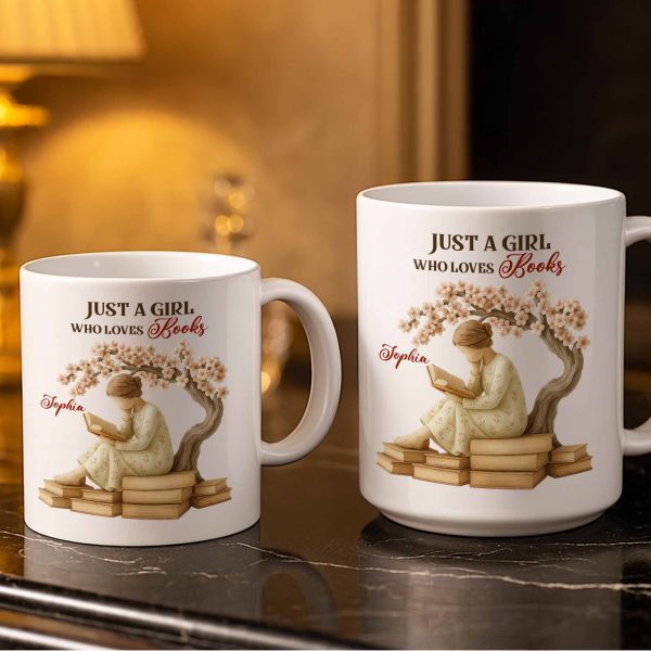 Just A Girl Who Loves Books And Sakura Tree - Personalized Custom Coffee Mug - BLV018_MG Just A Girl Who Loves Books And Sakura Tree - Personalized Custom Coffee Mug - BLV018_MG