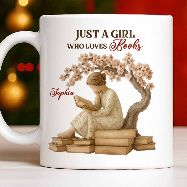 Just A Girl Who Loves Books And Sakura Tree - Personalized Custom Coffee Mug - BLV018_MG Just A Girl Who Loves Books And Sakura Tree - Personalized Custom Coffee Mug - BLV018_MG