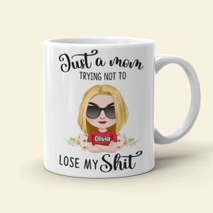 Just A Mom Trying Not To Lose My Shit, Personalized Mug, Gift For Mom, Mother's Day Gift, Chibi Woman With Crossed Arms
