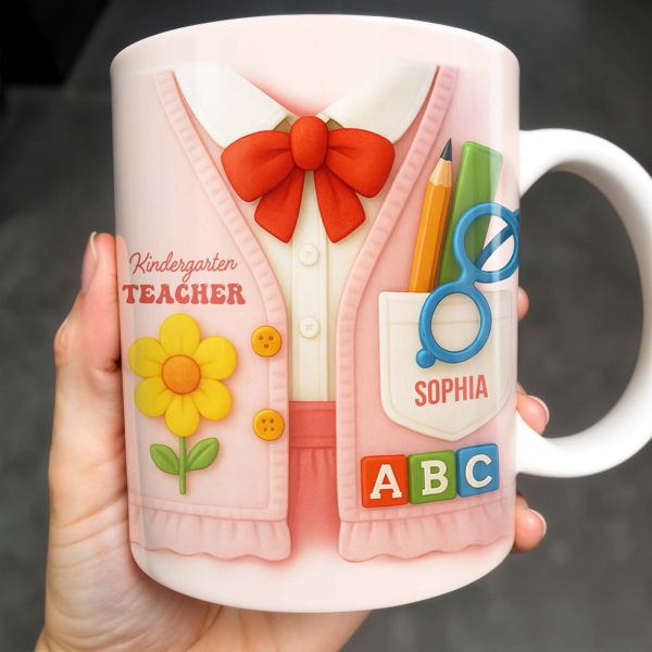 Kindergarten Teacher, Flower, Pencil, Scissors, Shirt with Tie - Personalized Custom Coffee Mug - TEACH004_MG Kindergarten Teacher, Flower, Pencil, Scissors, Shirt with Tie - Personalized Custom Coffee Mug - TEACH004_MG