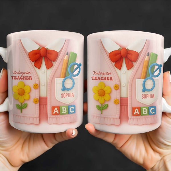 Kindergarten Teacher, Flower, Pencil, Scissors, Shirt with Tie - Personalized Custom Coffee Mug - TEACH004_MG Kindergarten Teacher, Flower, Pencil, Scissors, Shirt with Tie - Personalized Custom Coffee Mug - TEACH004_MG