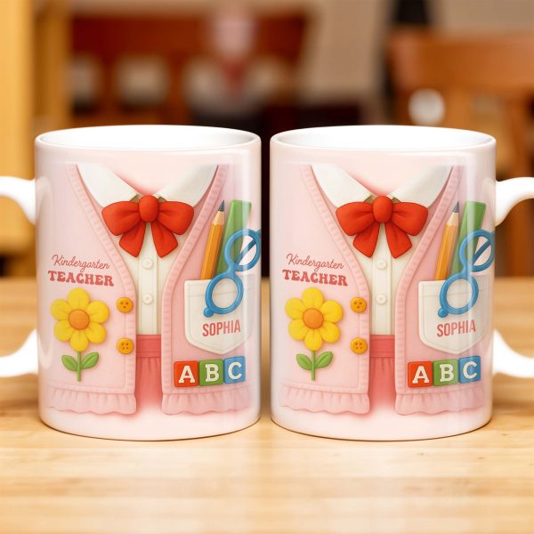 Kindergarten Teacher, Flower, Pencil, Scissors, Shirt with Tie - Personalized Custom Coffee Mug - TEACH004_MG Kindergarten Teacher, Flower, Pencil, Scissors, Shirt with Tie - Personalized Custom Coffee Mug - TEACH004_MG