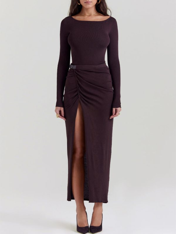 Knit Long Sleeve High Split Open Back Maxi Dress Knit Long Sleeve High Split Open Back Maxi Dress