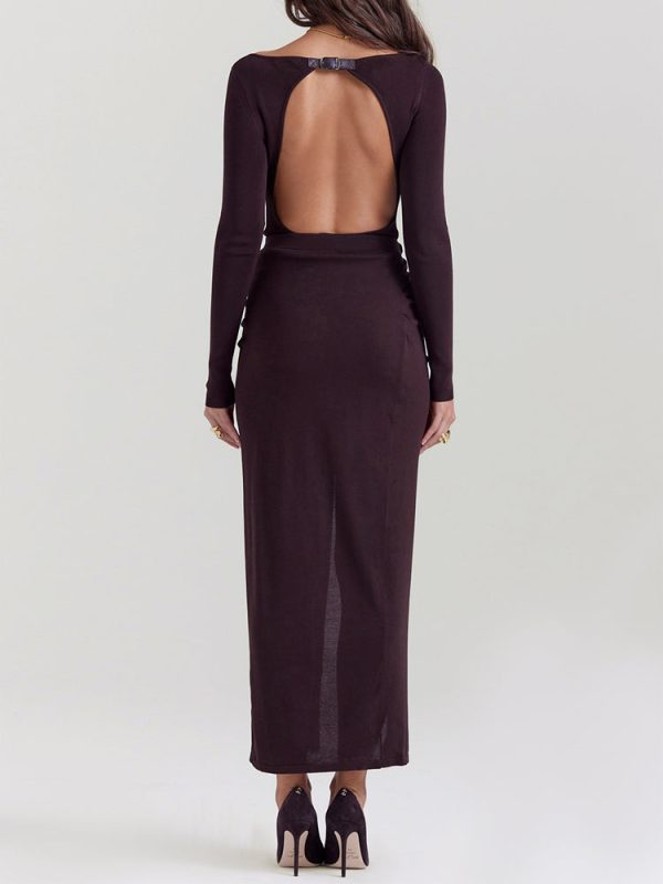 Knit Long Sleeve High Split Open Back Maxi Dress Knit Long Sleeve High Split Open Back Maxi Dress