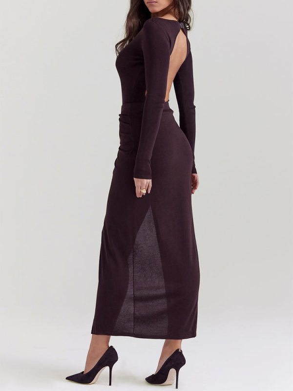 Knit Long Sleeve High Split Open Back Maxi Dress Knit Long Sleeve High Split Open Back Maxi Dress