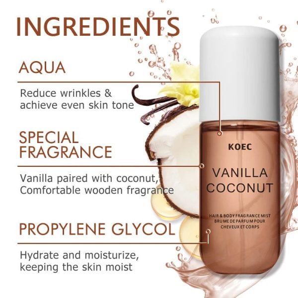 Koec Vanilla Coconut Body & Hair Fragrance Mist Long-Lasting, Sweet Scent For Skin & Hair Koec Vanilla Coconut Body & Hair Fragrance Mist Long-Lasting, Sweet Scent For Skin & Hair