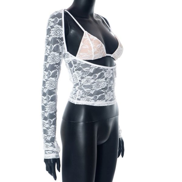 Lace Sheer Long Sleeve Cut Out Bralette Top Lace Sheer Long Sleeve Cut Out Bralette Top