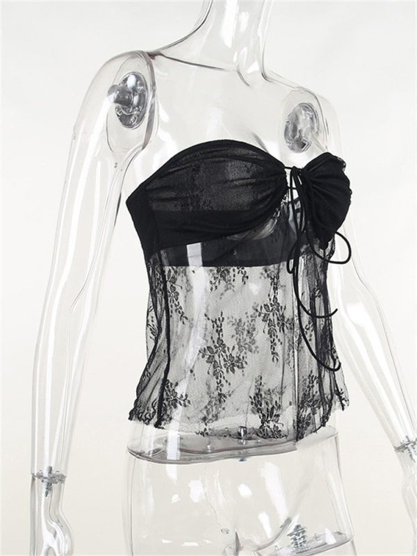 Lace Sheer Tube Tie Up Slit Top Lace Sheer Tube Tie Up Slit Top