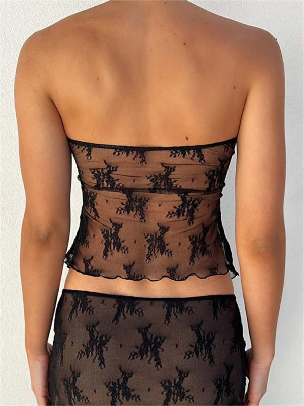 Lace Sheer Tube Tie Up Slit Top Lace Sheer Tube Tie Up Slit Top