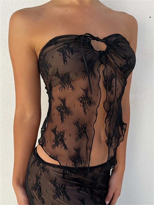 Lace Sheer Tube Tie Up Slit Top Lace Sheer Tube Tie Up Slit Top