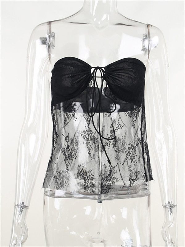 Lace Sheer Tube Tie Up Slit Top Lace Sheer Tube Tie Up Slit Top
