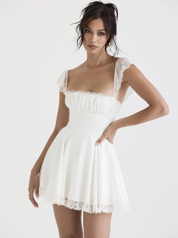 Lace Trim Square Neck Frill Mini Dress