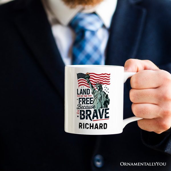Land of the Free Because of the Brave Personalized Mug, 4th of July Statue of Liberty Gift with Custom Name Land of the Free Because of the Brave Personalized Mug, 4th of July Statue of Liberty Gift with Custom Name