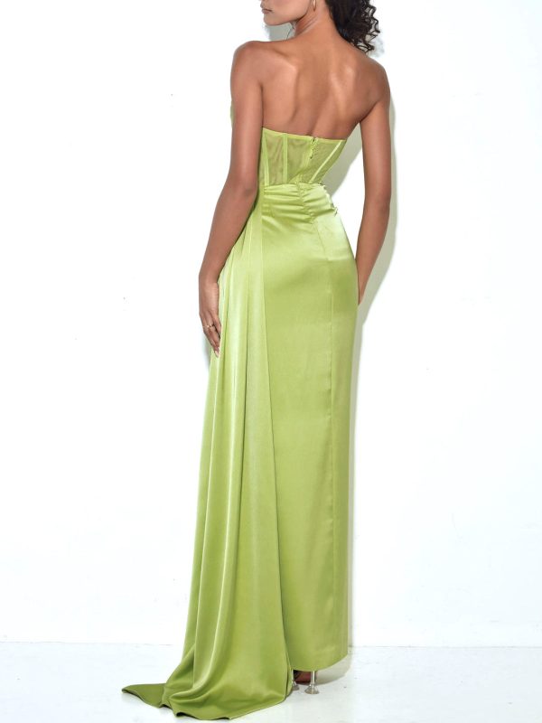 Lime High Slit Satin Mesh Corset Gown