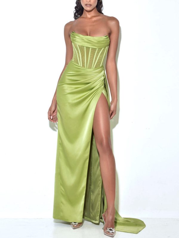 Lime High Slit Satin Mesh Corset Gown