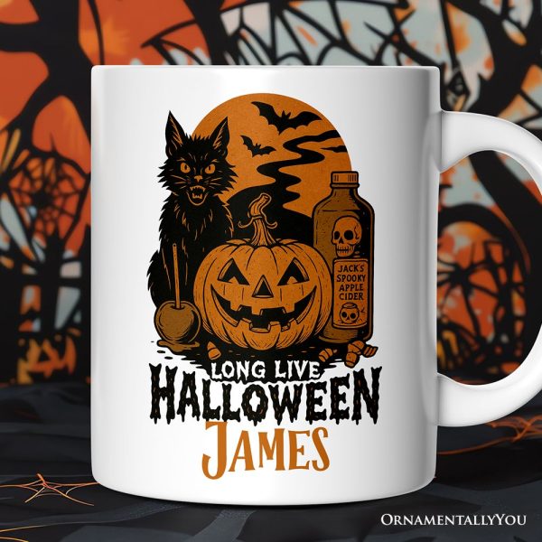 Long Live Halloween Personalized Mug, Retro Black Cat Pumpkin Gift with Custom Name Long Live Halloween Personalized Mug, Retro Black Cat Pumpkin Gift with Custom Name