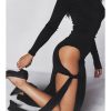 Long Sleeve Black Side Slit Hollow Tie Up Maxi Dress Long Sleeve Black Side Slit Hollow Tie Up Maxi Dress