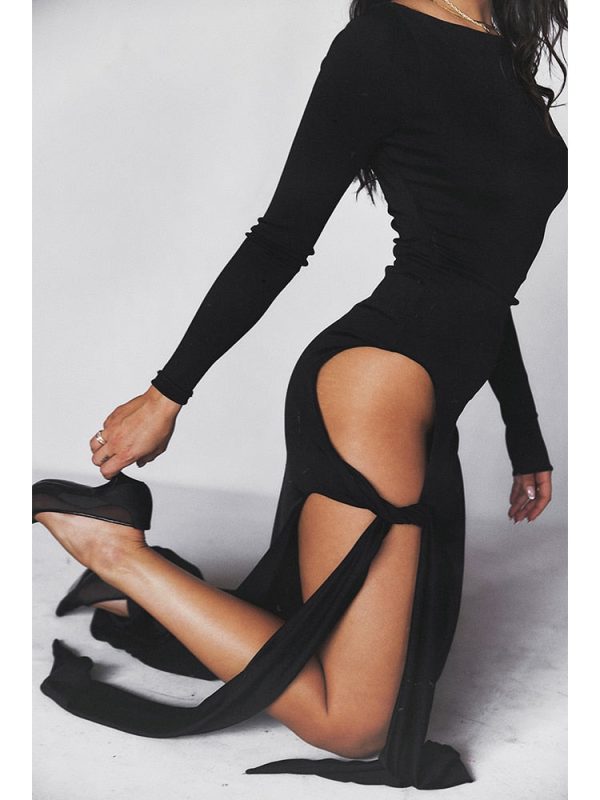 Long Sleeve Black Side Slit Hollow Tie Up Maxi Dress Long Sleeve Black Side Slit Hollow Tie Up Maxi Dress