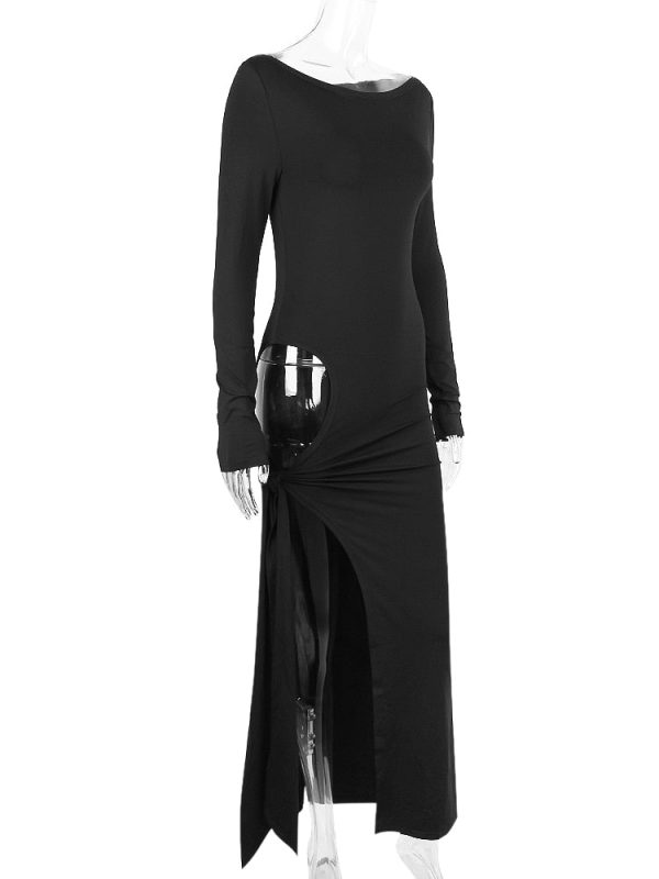 Long Sleeve Black Side Slit Hollow Tie Up Maxi Dress Long Sleeve Black Side Slit Hollow Tie Up Maxi Dress