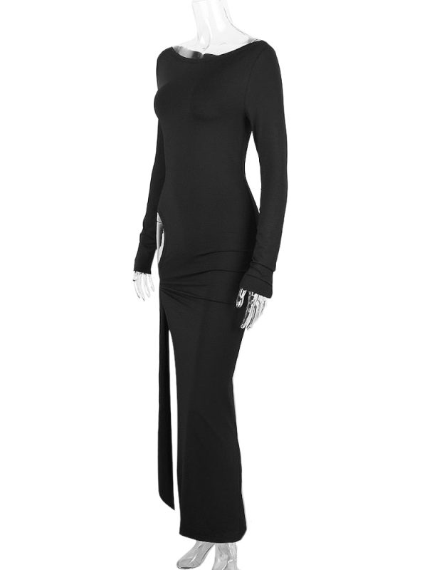 Long Sleeve Black Side Slit Hollow Tie Up Maxi Dress Long Sleeve Black Side Slit Hollow Tie Up Maxi Dress