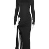 Long Sleeve Black Side Slit Hollow Tie Up Maxi Dress Long Sleeve Black Side Slit Hollow Tie Up Maxi Dress