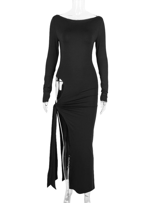 Long Sleeve Black Side Slit Hollow Tie Up Maxi Dress Long Sleeve Black Side Slit Hollow Tie Up Maxi Dress