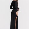 Long Sleeve Black Side Slit Hollow Tie Up Maxi Dress Long Sleeve Black Side Slit Hollow Tie Up Maxi Dress