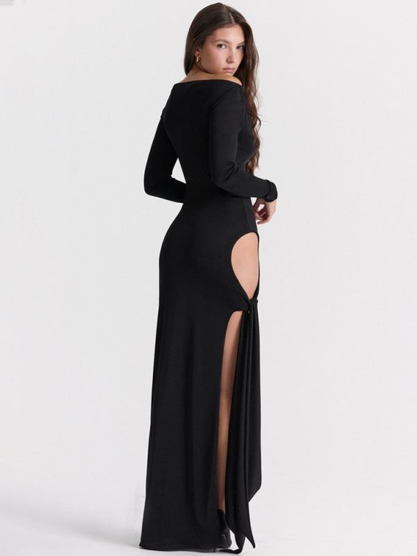 Long Sleeve Black Side Slit Hollow Tie Up Maxi Dress Long Sleeve Black Side Slit Hollow Tie Up Maxi Dress